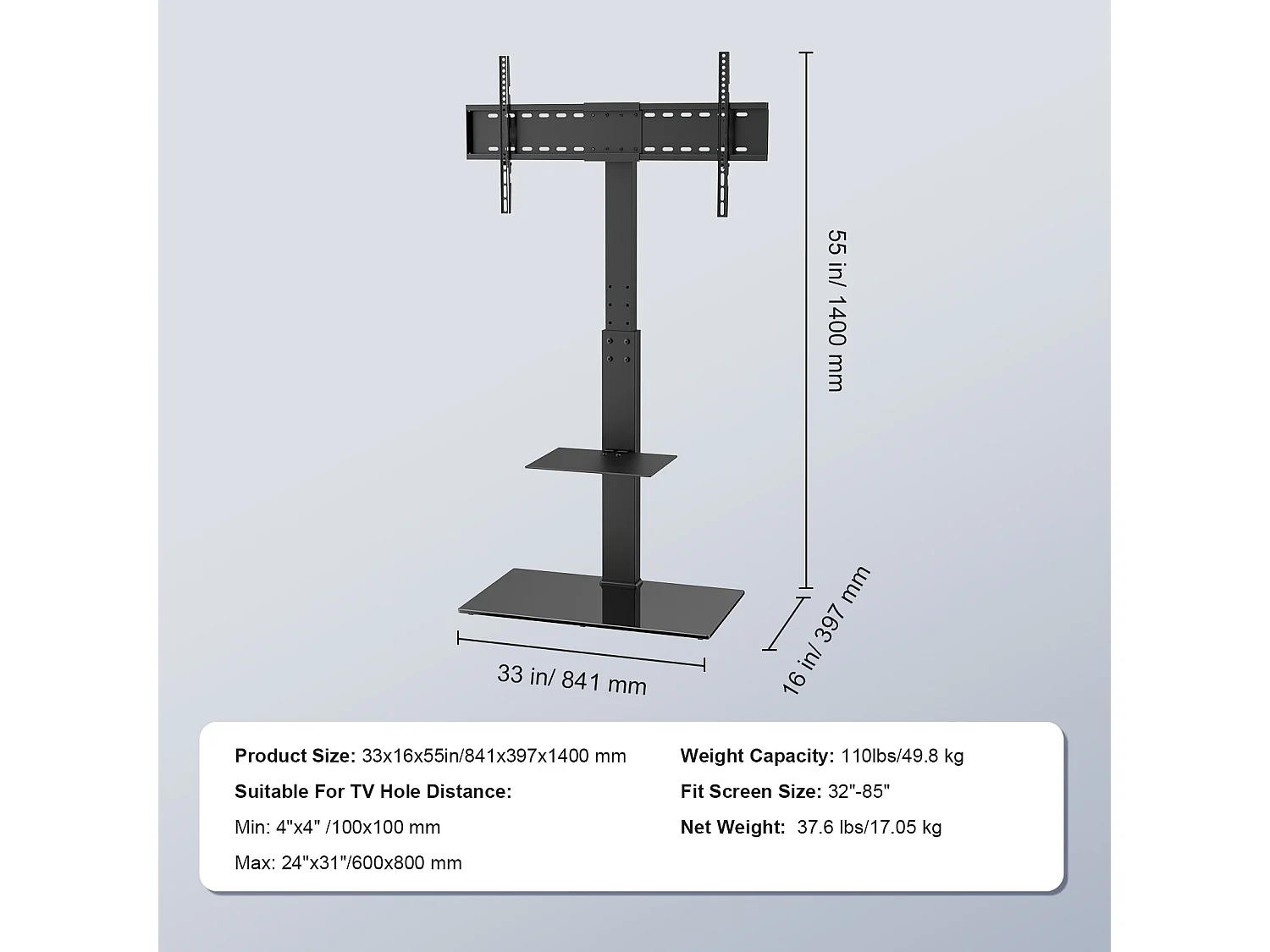 Support TV Pivotant SucceBuy, Hauteur Réglable pour Téléviseurs de 81 à 216 CM, Support de Sol Portable avec Base en Verre Trempé, Chambre à Coucher