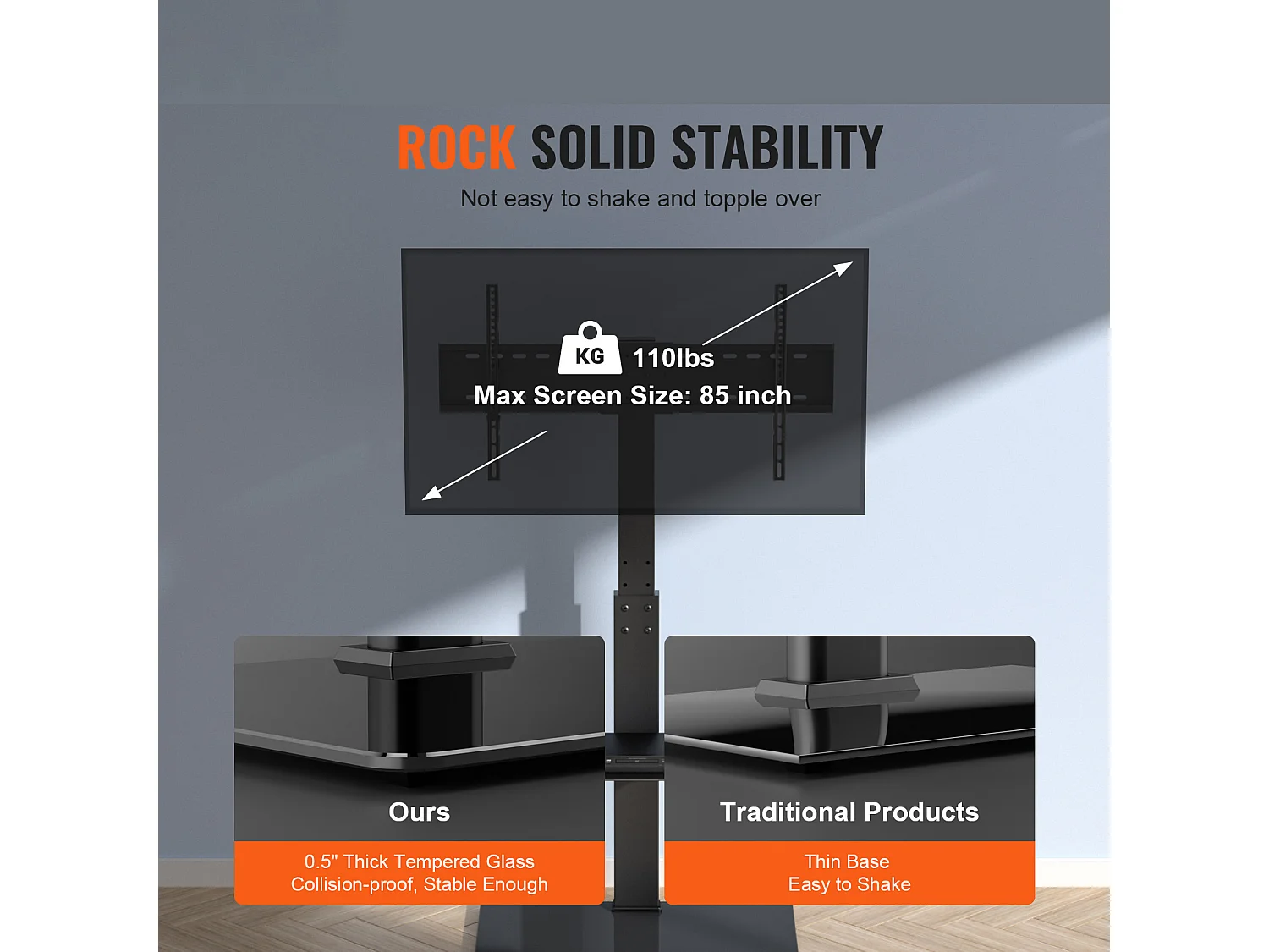 Support TV Pivotant SucceBuy, Hauteur Réglable pour Téléviseurs de 81 à 216 CM, Support de Sol Portable avec Base en Verre Trempé, Chambre à Coucher