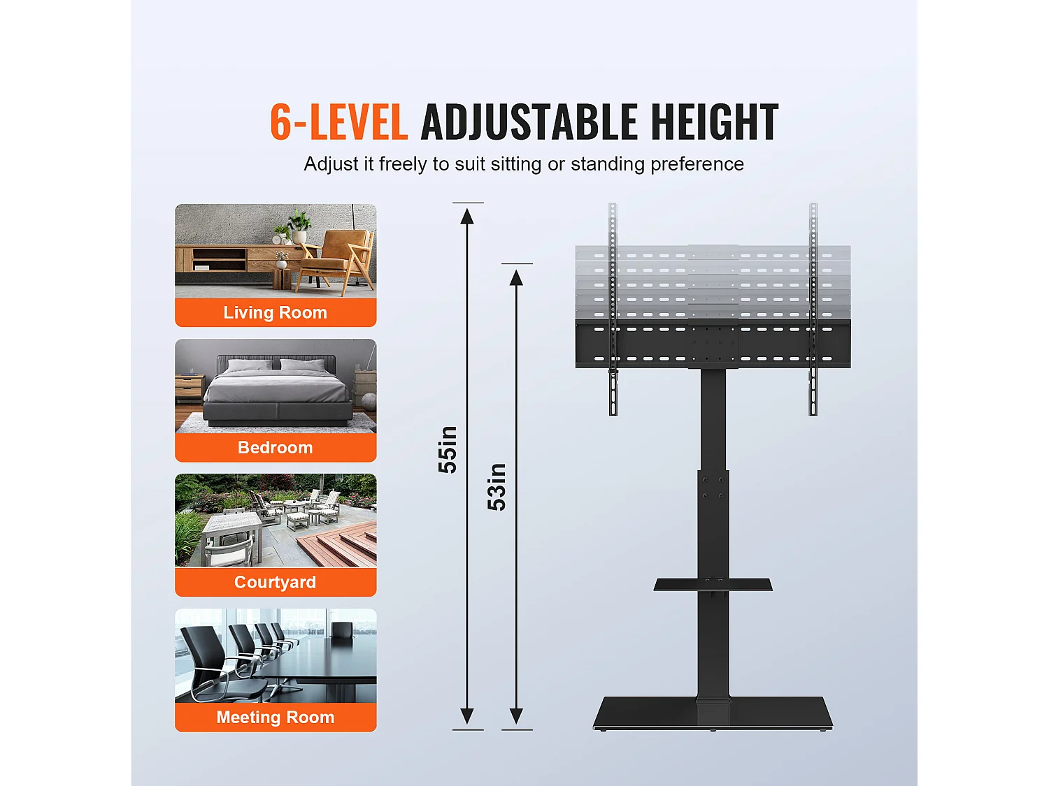 Support TV Pivotant SucceBuy, Hauteur Réglable pour Téléviseurs de 81 à 216 CM, Support de Sol Portable avec Base en Verre Trempé, Chambre à Coucher