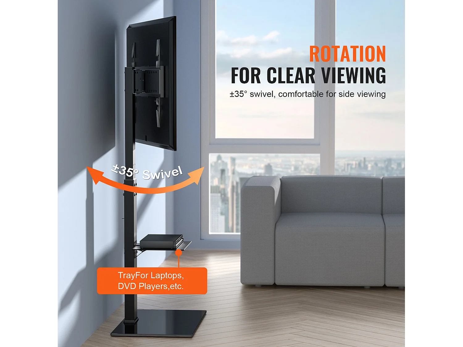 Support TV Pivotant SucceBuy, Hauteur Réglable pour Téléviseurs de 81 à 216 CM, Support de Sol Portable avec Base en Verre Trempé, Chambre à Coucher