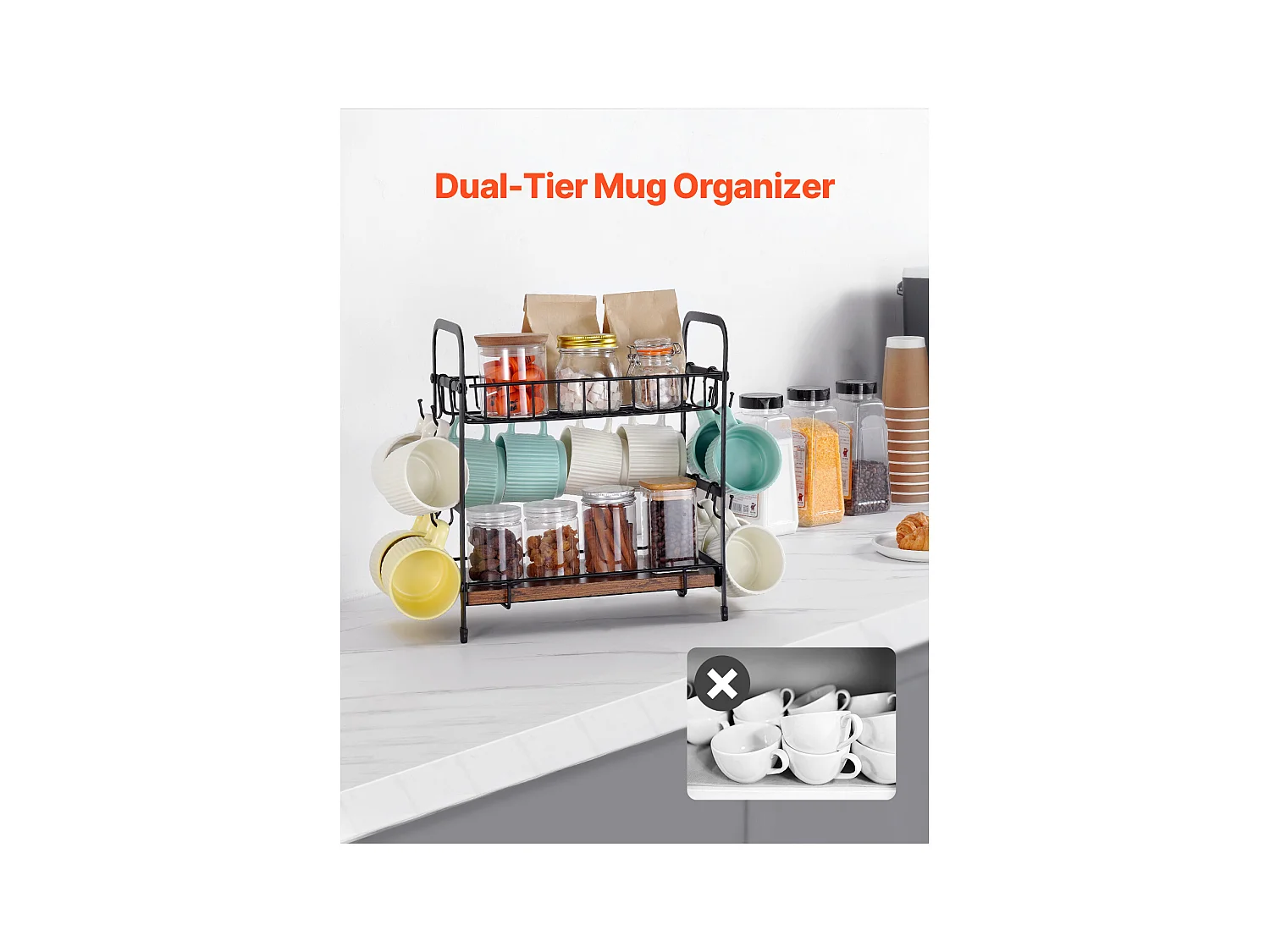 Porte-Tasses SucceBuy Organisateur de Bar à Café à 2 Niveaux pour Comptoir, 12 Crochets Mobiles