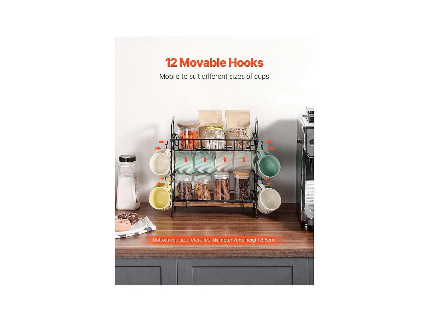 Porte-Tasses SucceBuy Organisateur de Bar à Café à 2 Niveaux pour Comptoir, 12 Crochets Mobiles