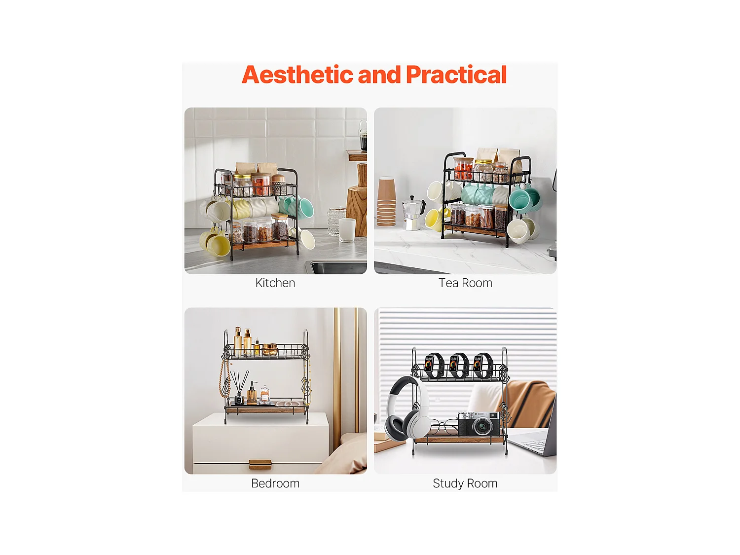 Porte-Tasses SucceBuy Organisateur de Bar à Café à 2 Niveaux pour Comptoir, 12 Crochets Mobiles