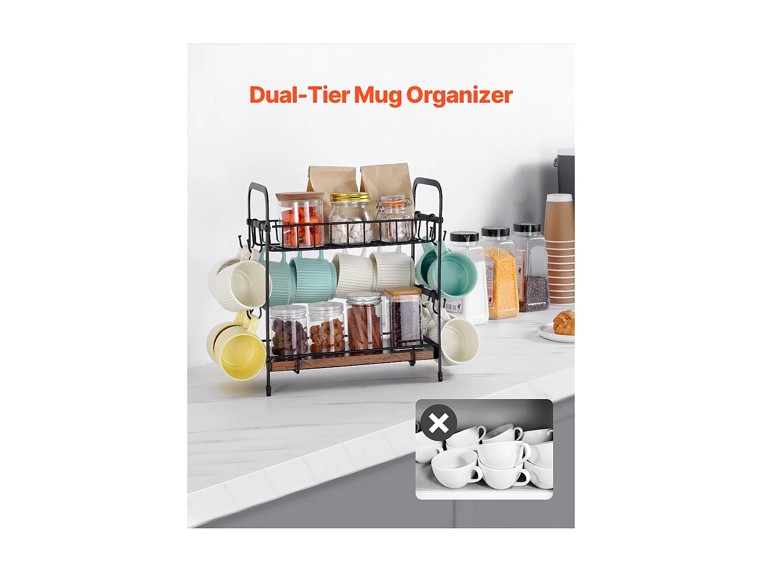 Porte-Tasses SucceBuy Organisateur de Bar à Café à 2 Niveaux pour Comptoir, 12 Crochets Mobiles