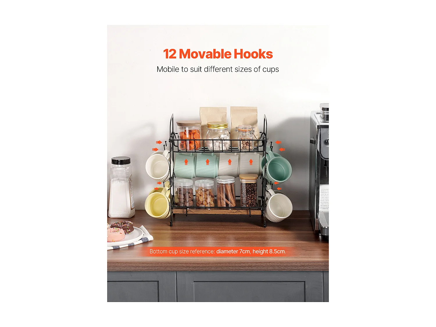 Porte-Tasses SucceBuy Organisateur de Bar à Café à 2 Niveaux pour Comptoir, 12 Crochets Mobiles