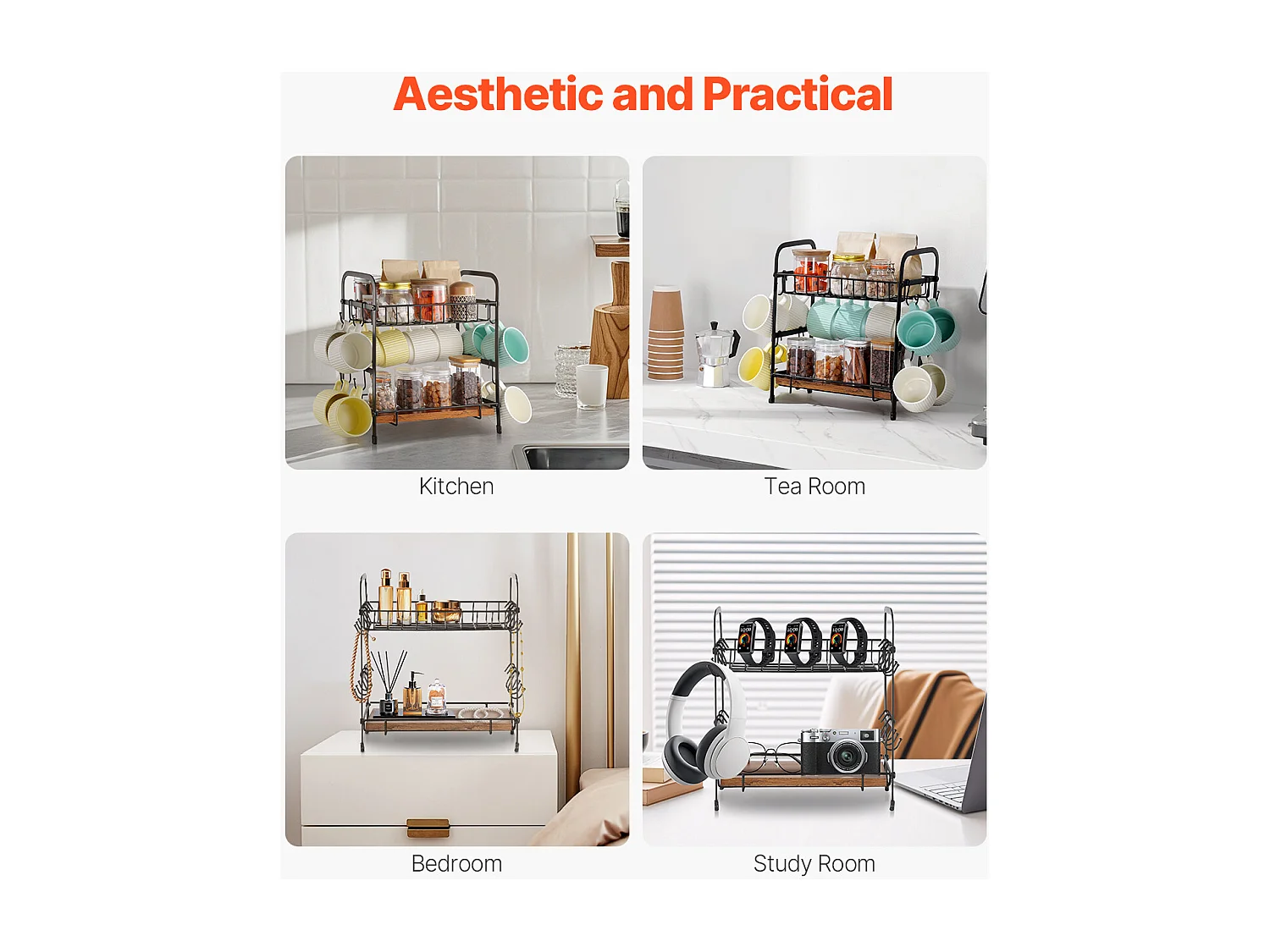 Porte-Tasses SucceBuy Organisateur de Bar à Café à 2 Niveaux pour Comptoir, 12 Crochets Mobiles