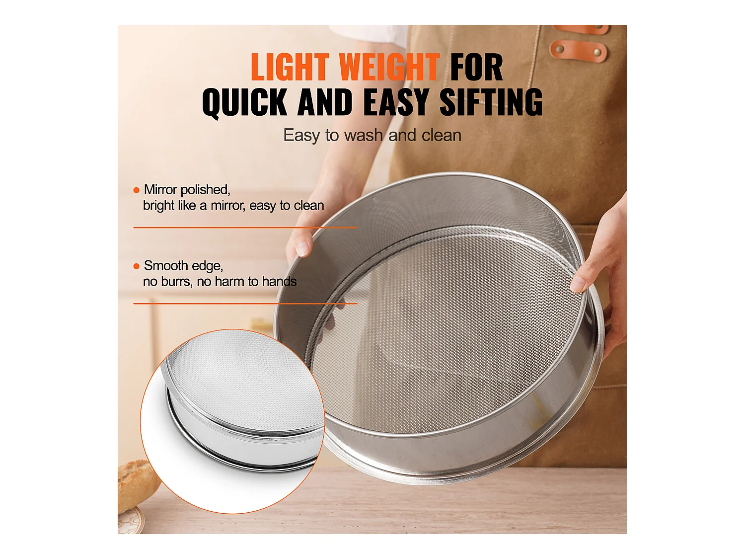Tamis à Farine SucceBuy Tamis à Farine à Maille Fine en Acier Inoxydable, Tamis à Farine à 10 Mailles pour la Cuisson des Gâteaux