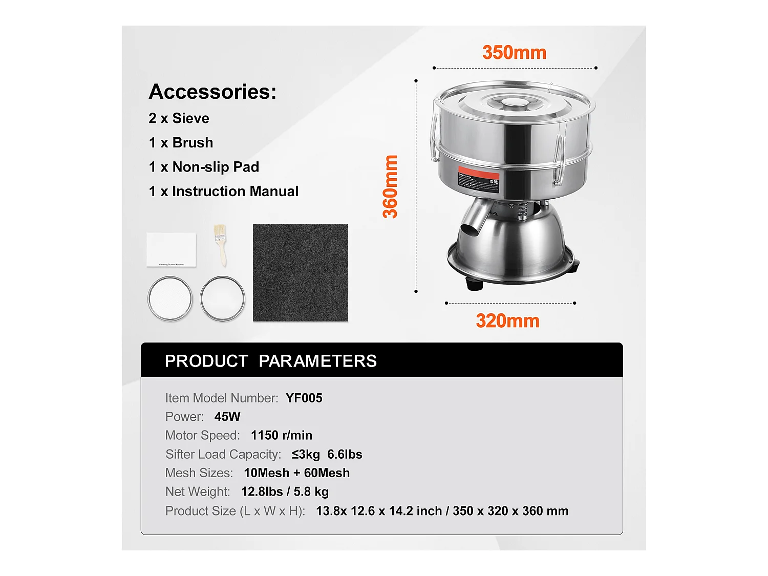 Tamis à Farine SucceBuy Machine de Tamisage Vibrante Électrique avec Tamiseur Automatique 10 + 60 Mesh