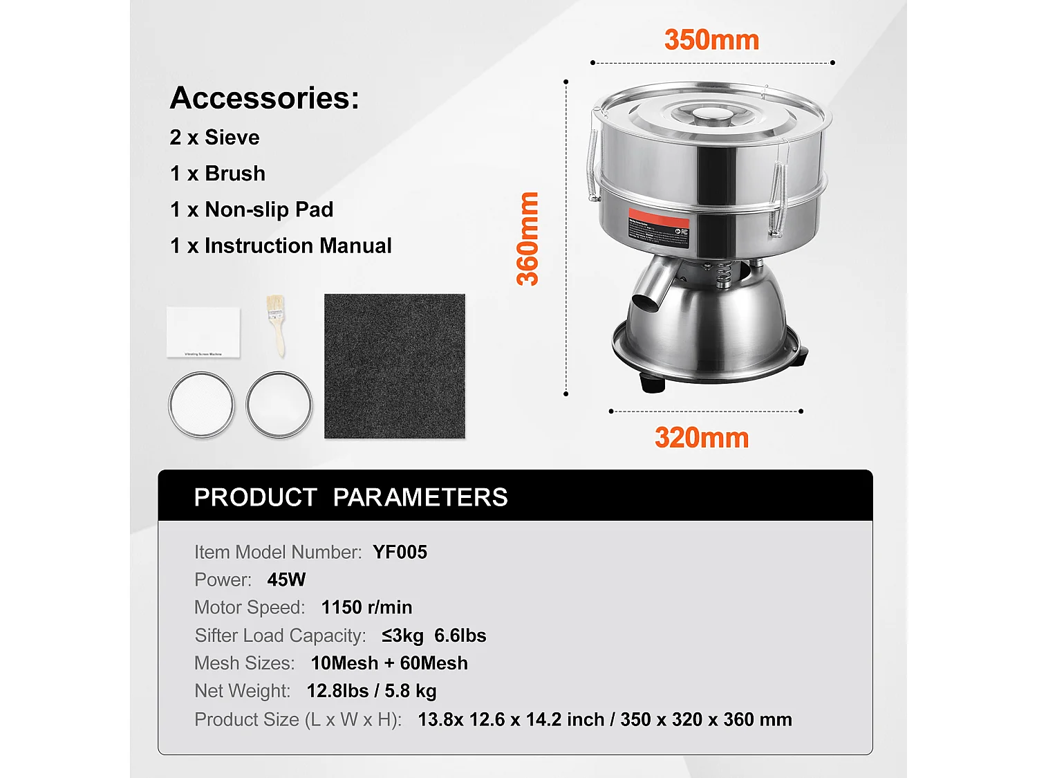 Tamis à Farine SucceBuy Machine de Tamisage Vibrante Électrique avec Tamiseur Automatique 10 + 60 Mesh