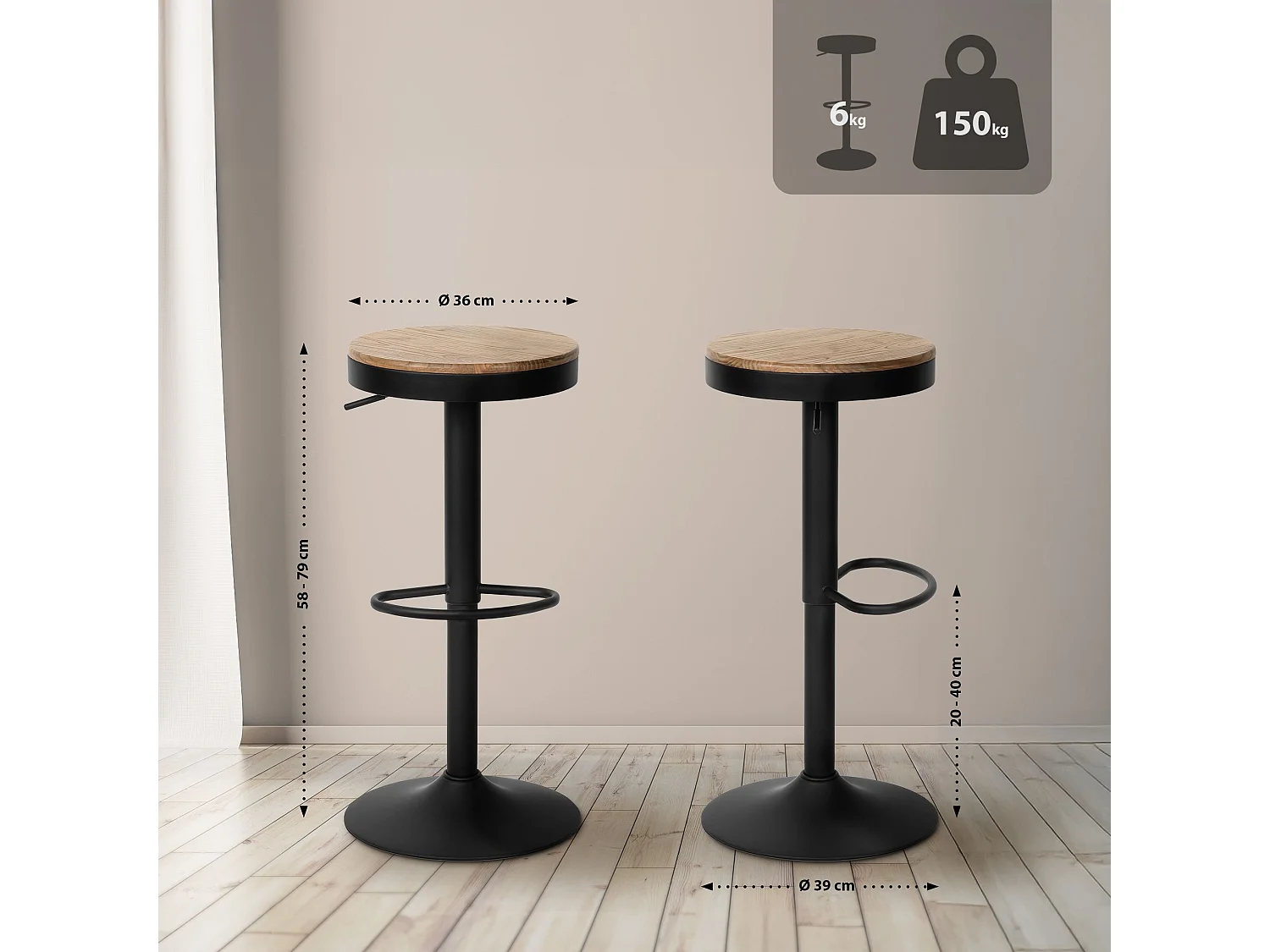 Lot de 2  Tabouret de bar - Bois - Nature - Pitas