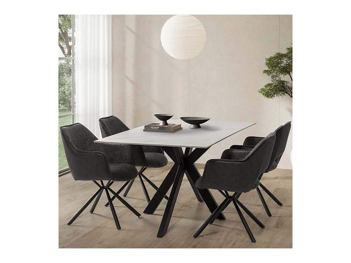 Table à manger rectangulaire en céramique effet marbre blanc 8 pers. 180 cm - Svenn