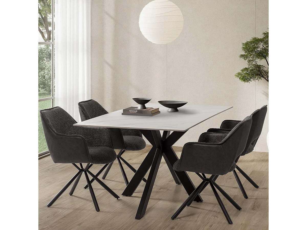 Table à manger rectangulaire en céramique effet marbre blanc 8 pers. 180 cm - Svenn