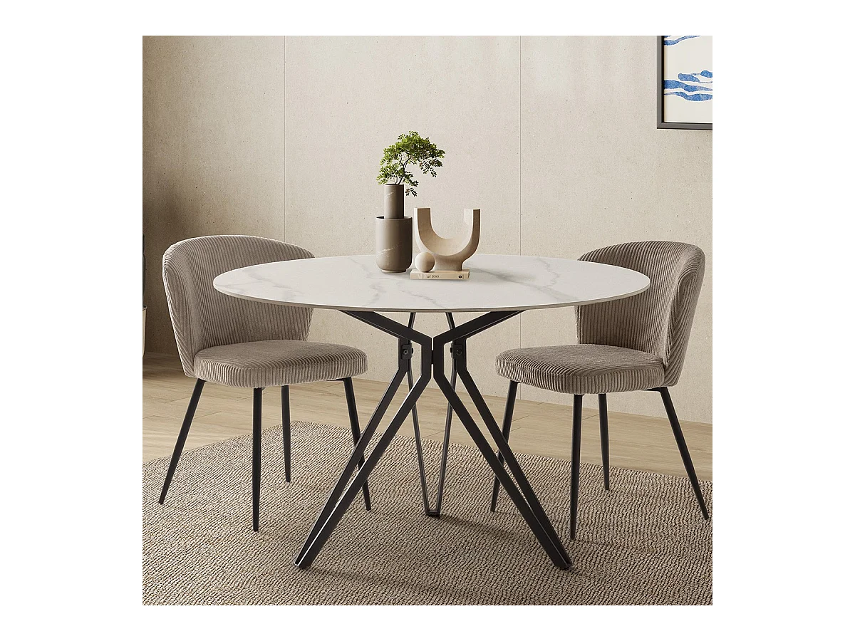 Table à manger ronde en céramique effet marbre blanc 4 personnes 120 cm - Cuma