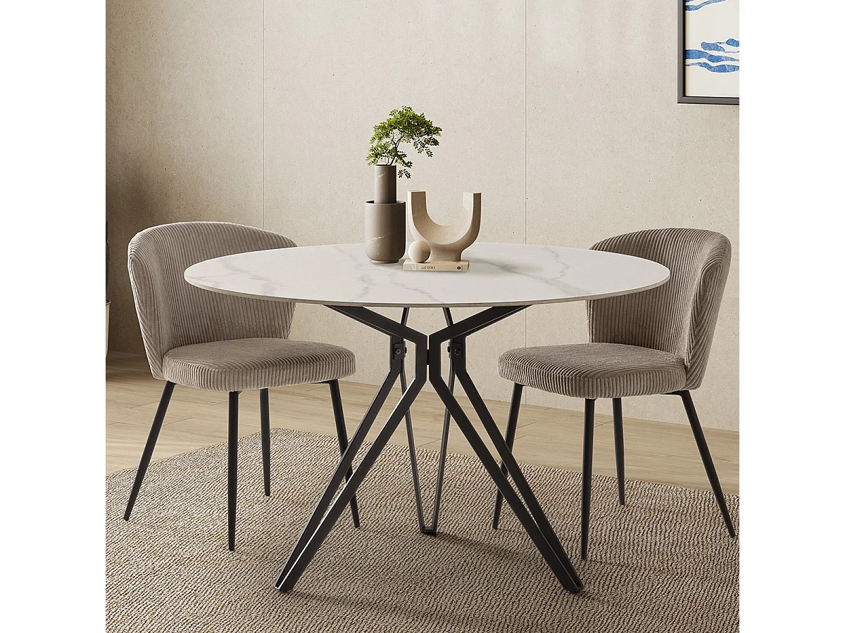 Table à manger ronde en céramique effet marbre blanc 4 personnes 120 cm - Cuma