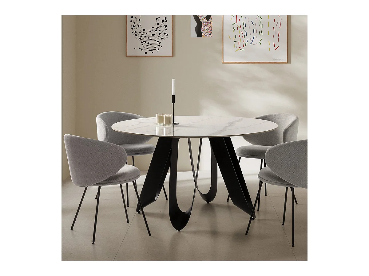 Table à manger ronde en céramique effet marbre blanc 4 à 6 pers. 135 cm - Orso