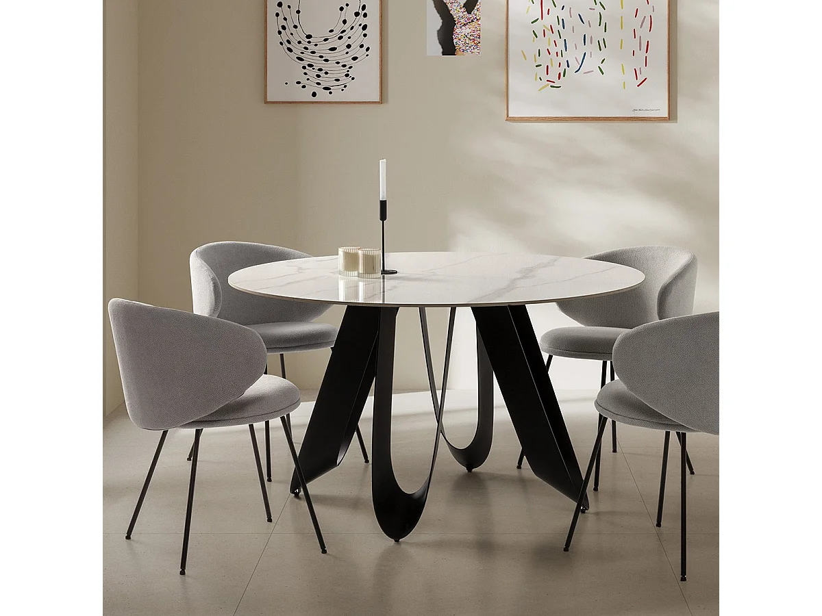 Table à manger ronde en céramique effet marbre blanc 4 à 6 pers. 135 cm - Orso