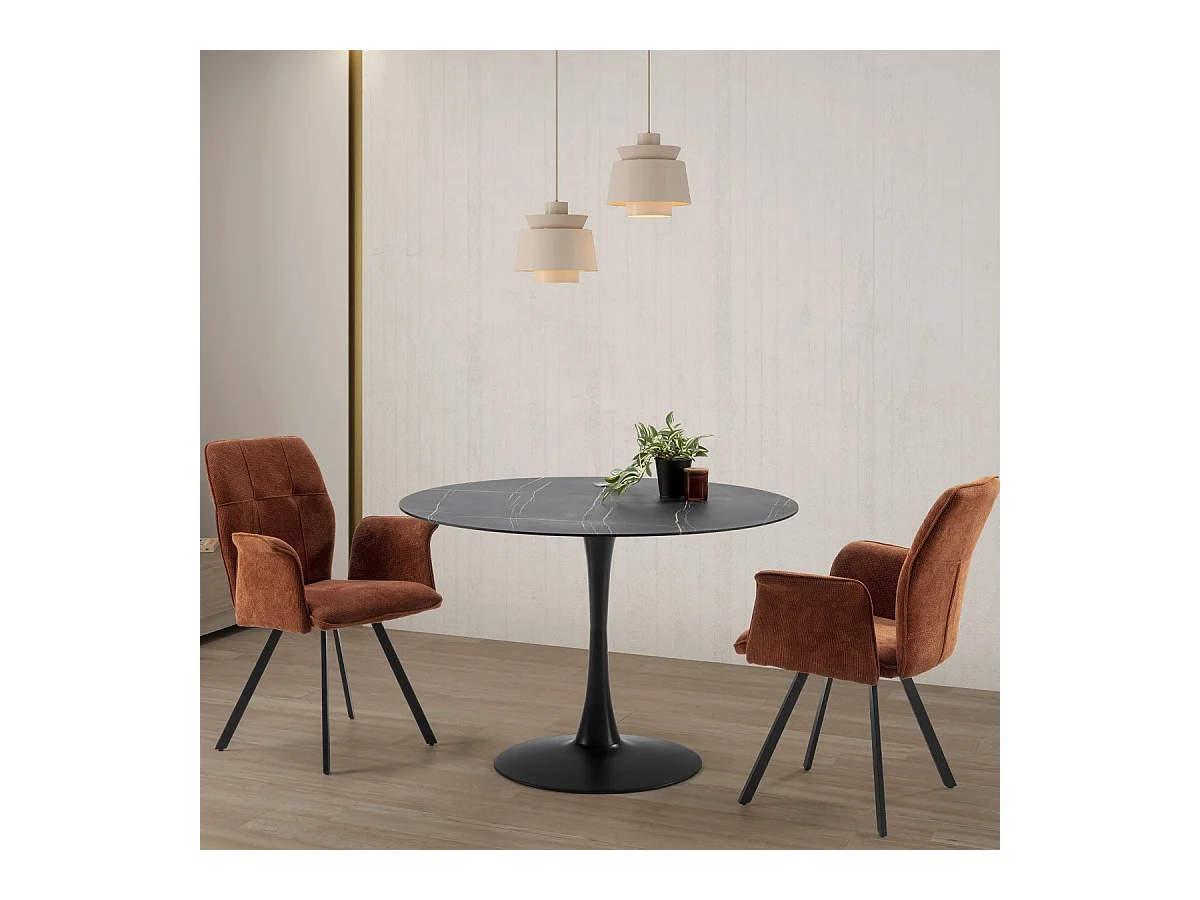 Table à manger ronde effet marbre noir 4 pers. 110 cm - Prima