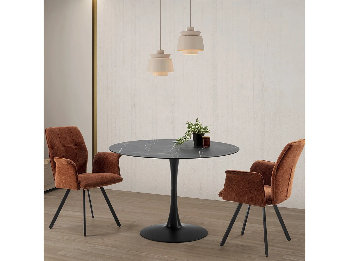 Table à manger ronde effet marbre noir 4 pers. 110 cm - Prima