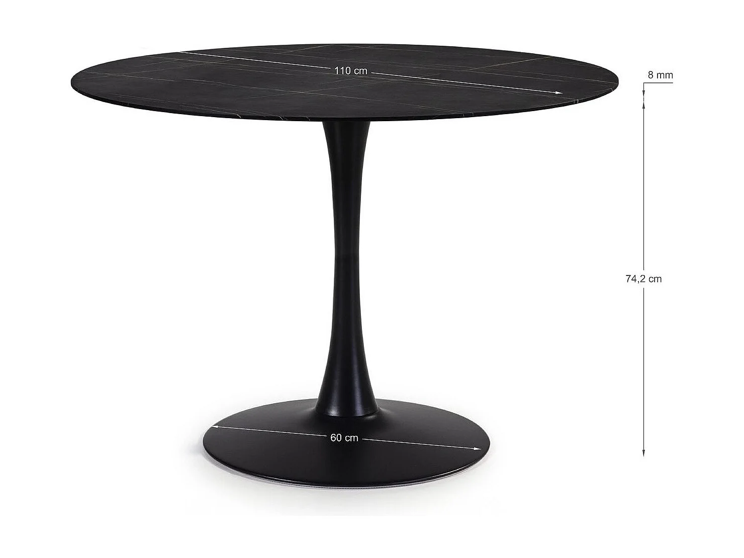 Table à manger ronde effet marbre noir 4 pers. 110 cm - Prima