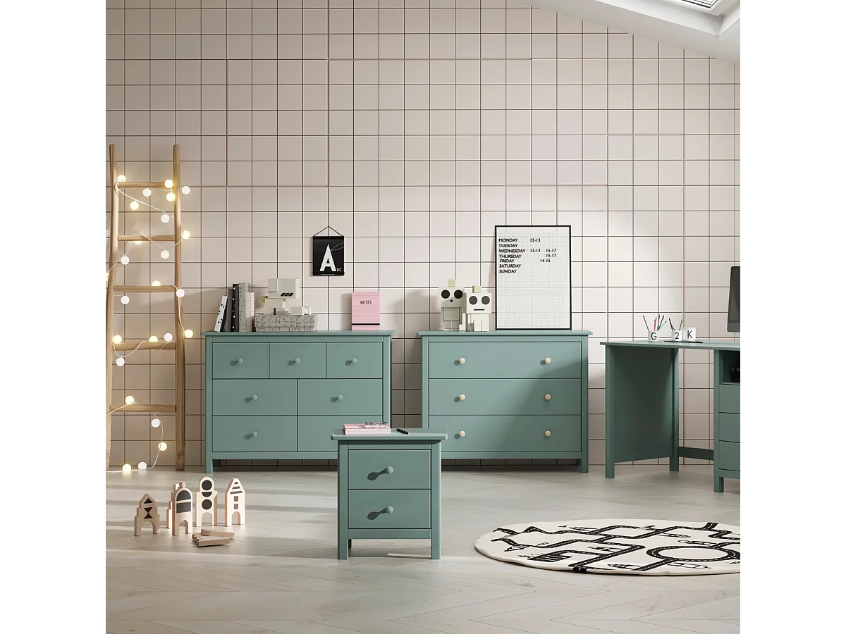 Commode 7 tiroirs décor vert laqué L110 cm CAMILLE