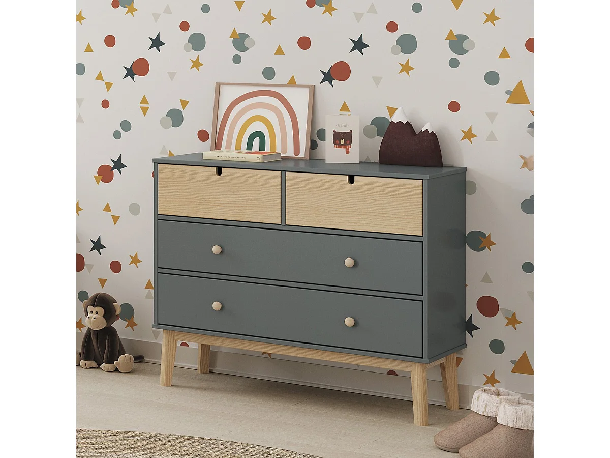 Commode enfant 4 tiroirs en bois vert kaki 100 cm - Lucy