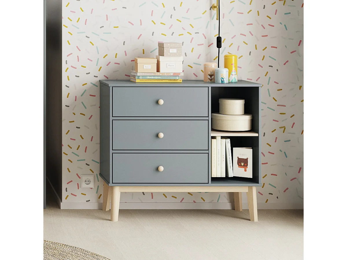 Commode enfant 3 tiroirs en bois vert kaki 90 cm - Elise