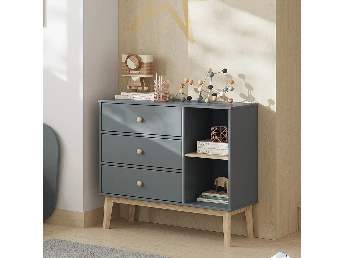 Commode enfant 3 tiroirs en bois vert kaki 90 cm - Elise