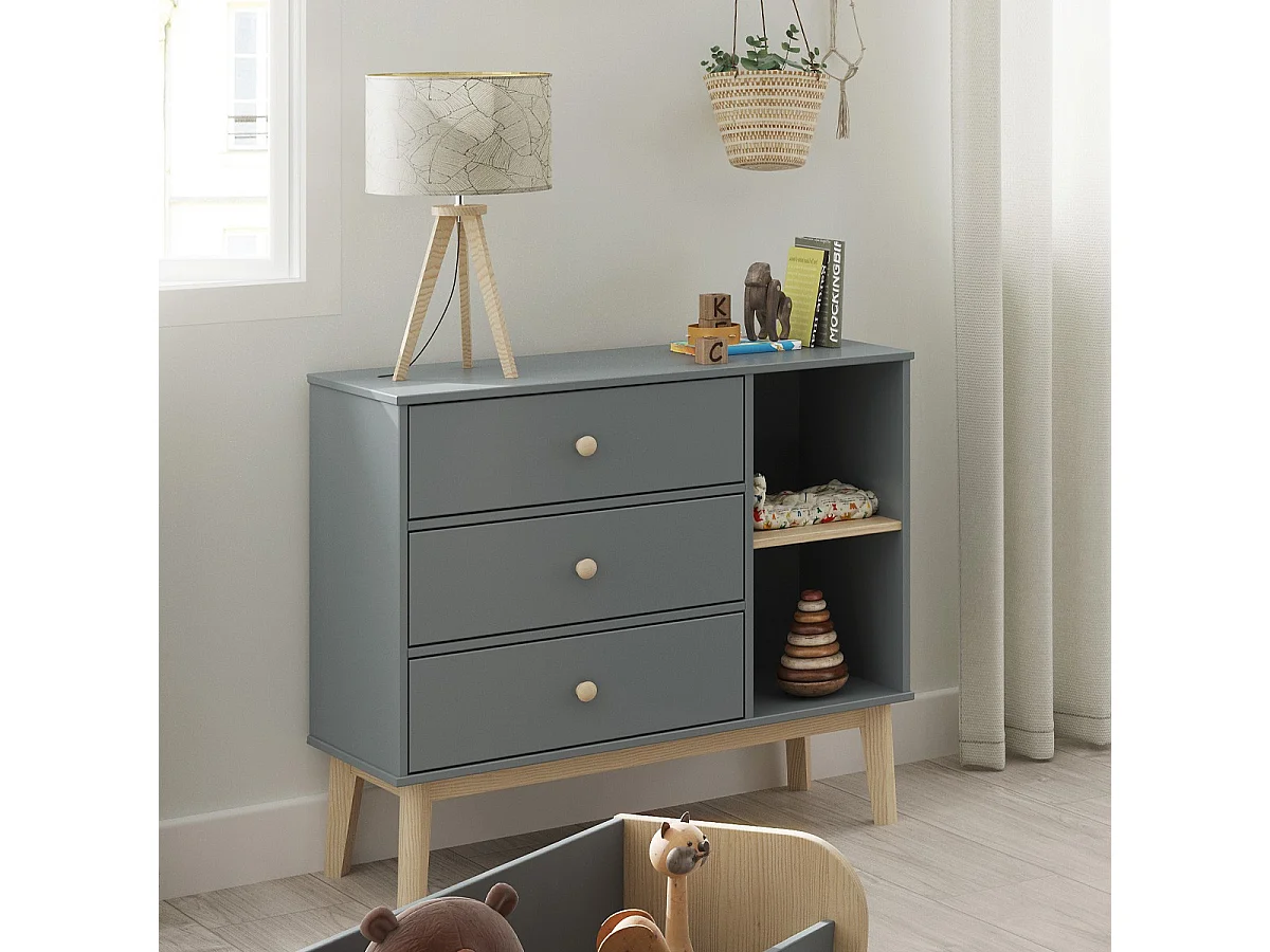 Commode enfant 3 tiroirs en bois vert kaki 90 cm - Elise