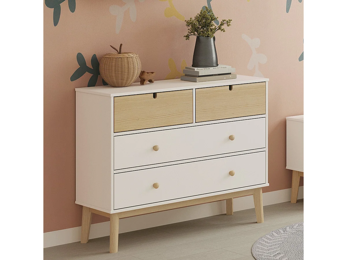 Commode enfant 4 tiroirs en bois blanc 100 cm - Lucy