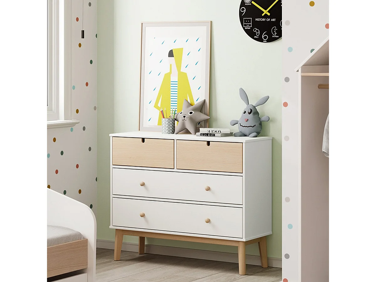Commode enfant 4 tiroirs en bois blanc 100 cm - Lucy