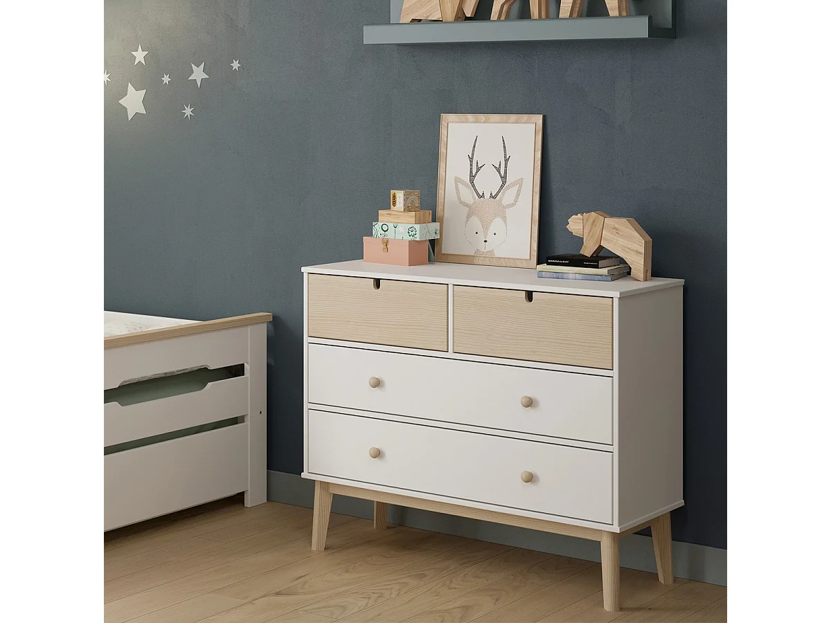 Commode enfant 4 tiroirs en bois blanc 100 cm - Lucy