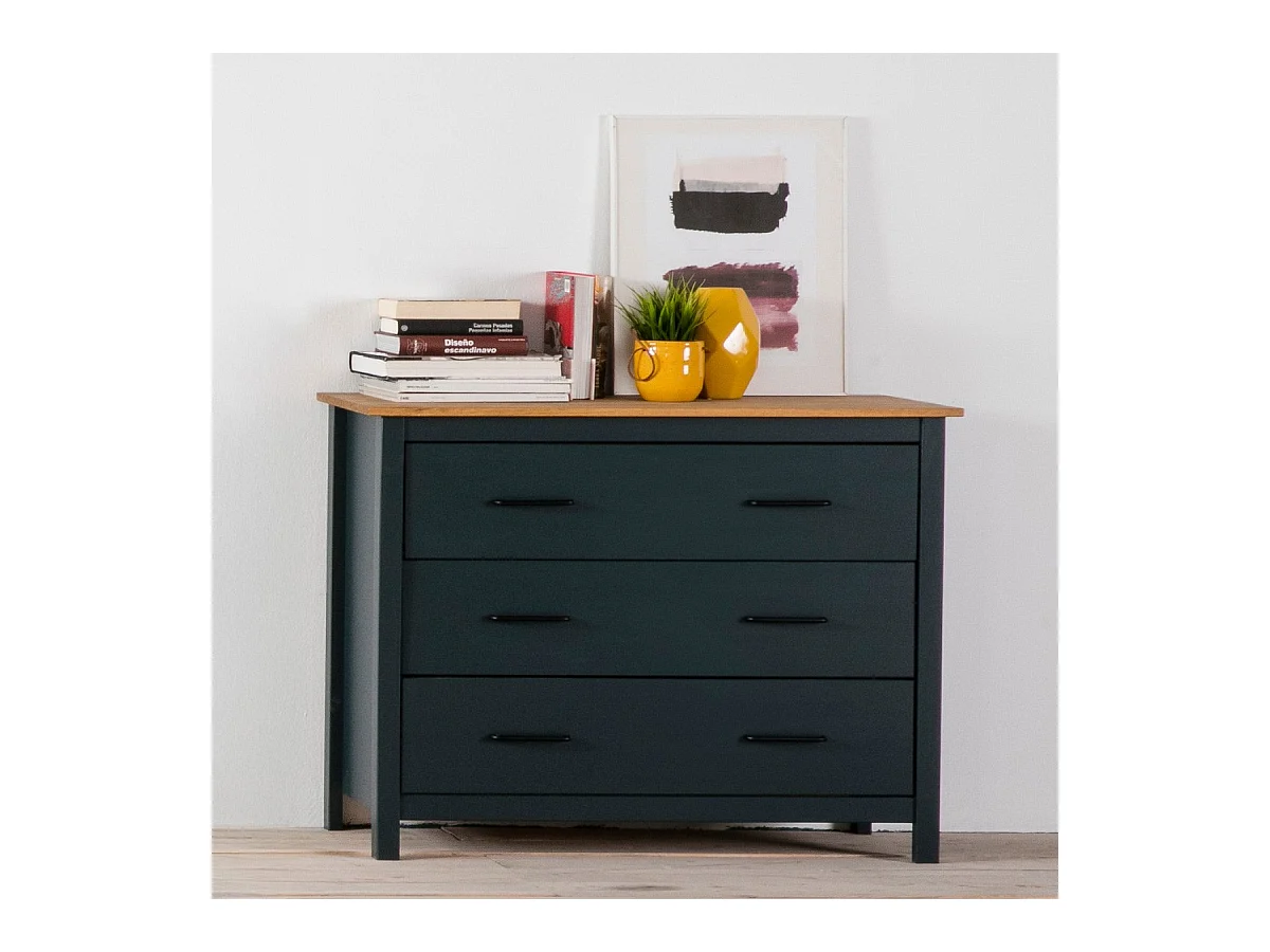 Commode 3 tiroirs en bois massif bleu 100 cm - Ida