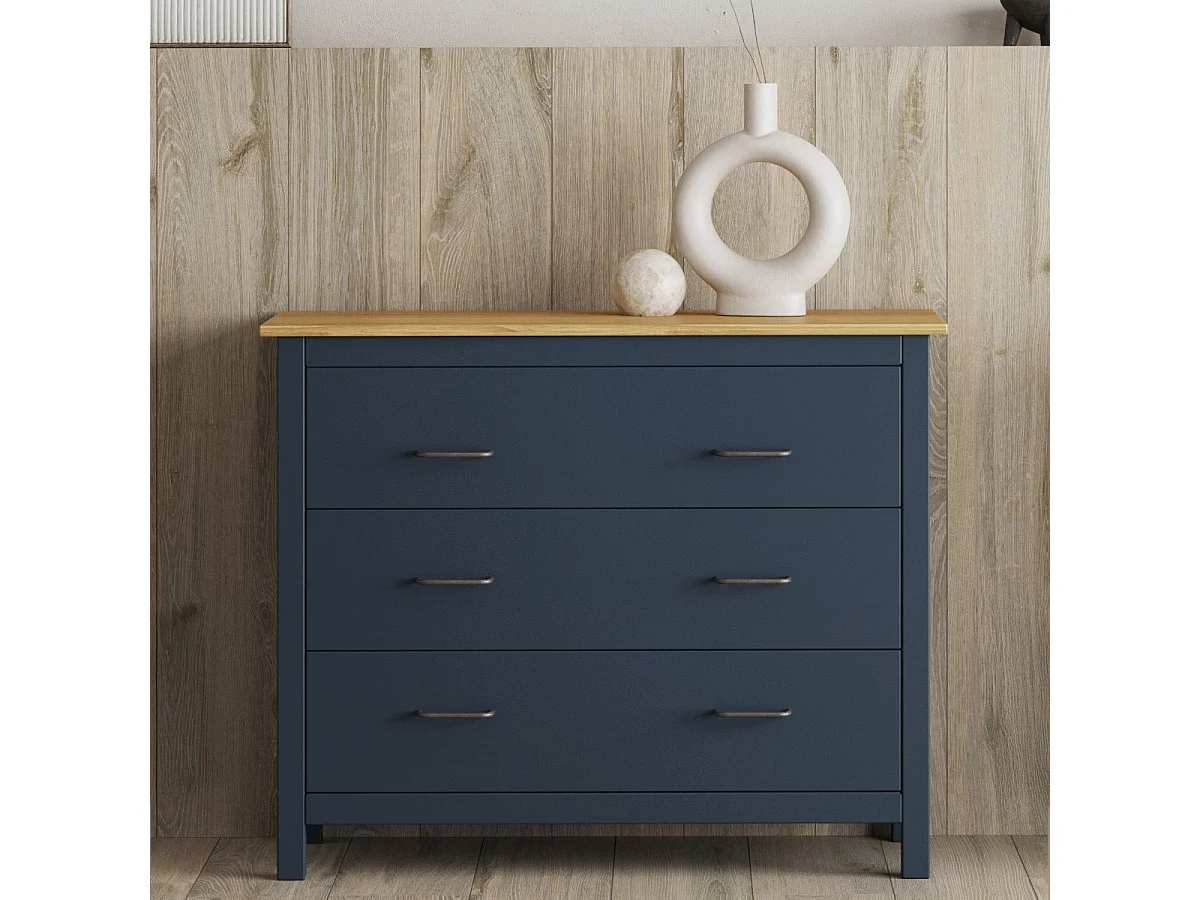 Commode 3 tiroirs en bois massif bleu 100 cm - Ida