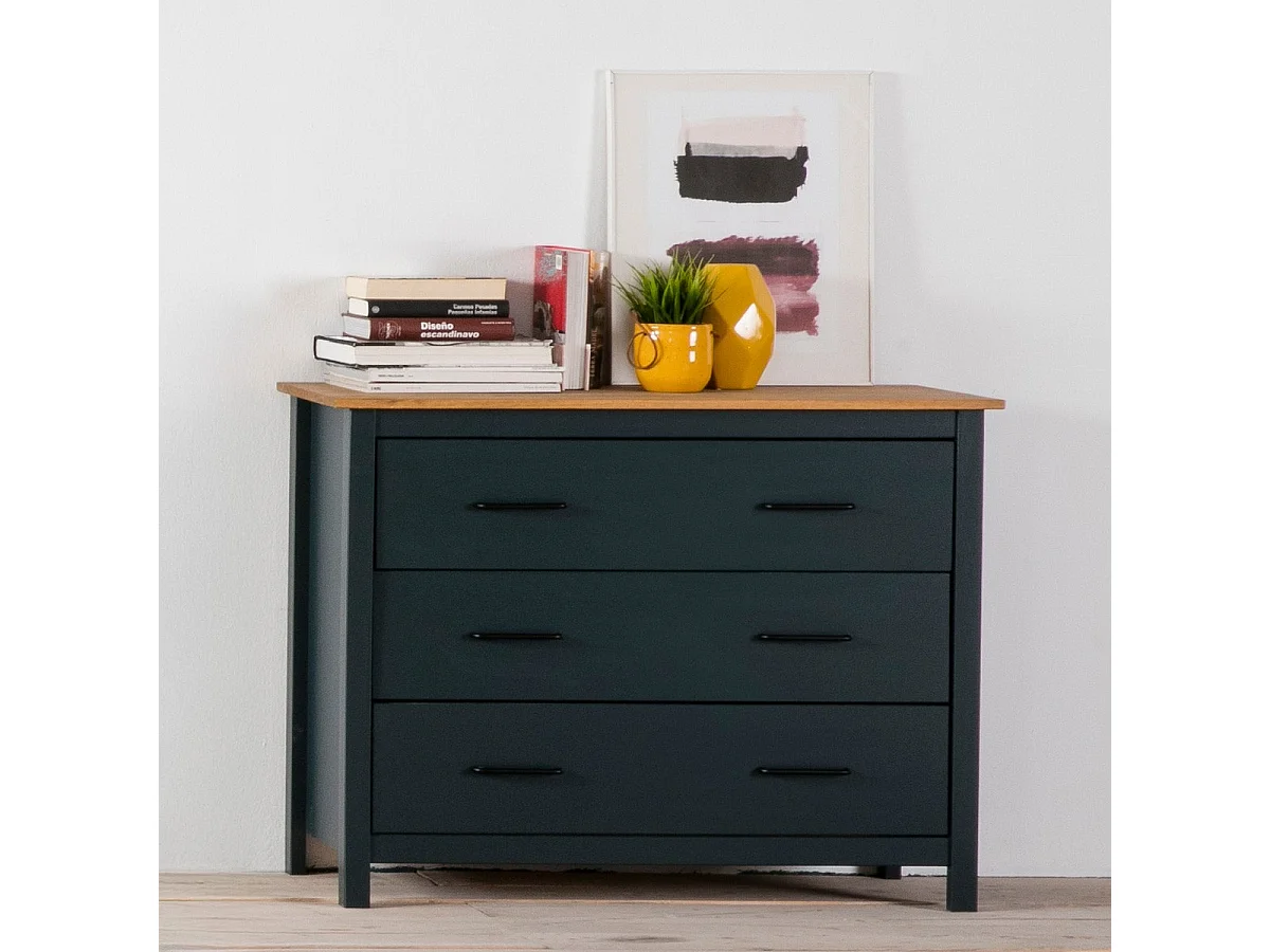 Commode 3 tiroirs en bois massif bleu 100 cm - Ida