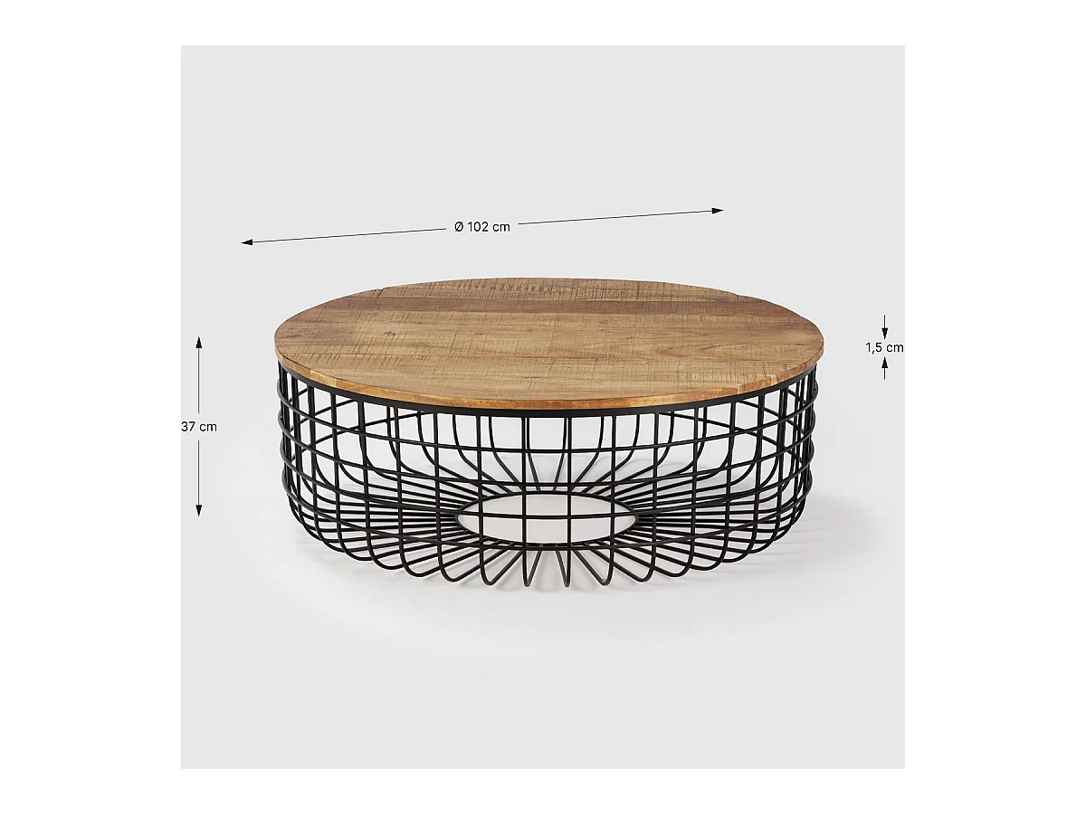 Table basse ronde en bois massif et métal 102 cm - Soria
