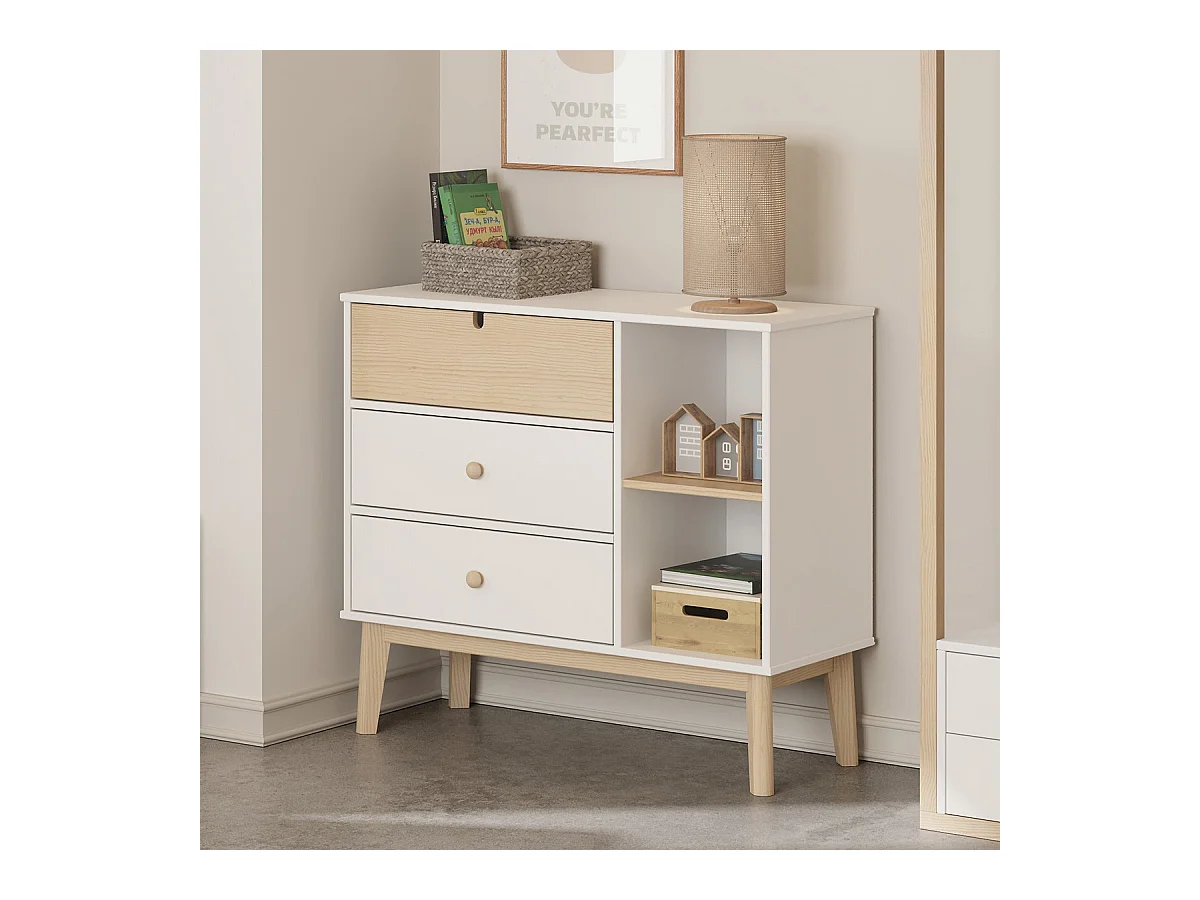 Commode enfant 3 tiroirs en bois blanc 90 cm - Lucy