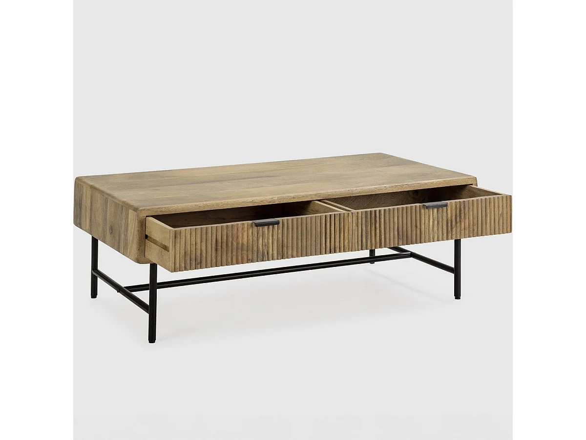 Table basse rectangulaire 2 tiroirs en bois de manguier 120cm - Sanja