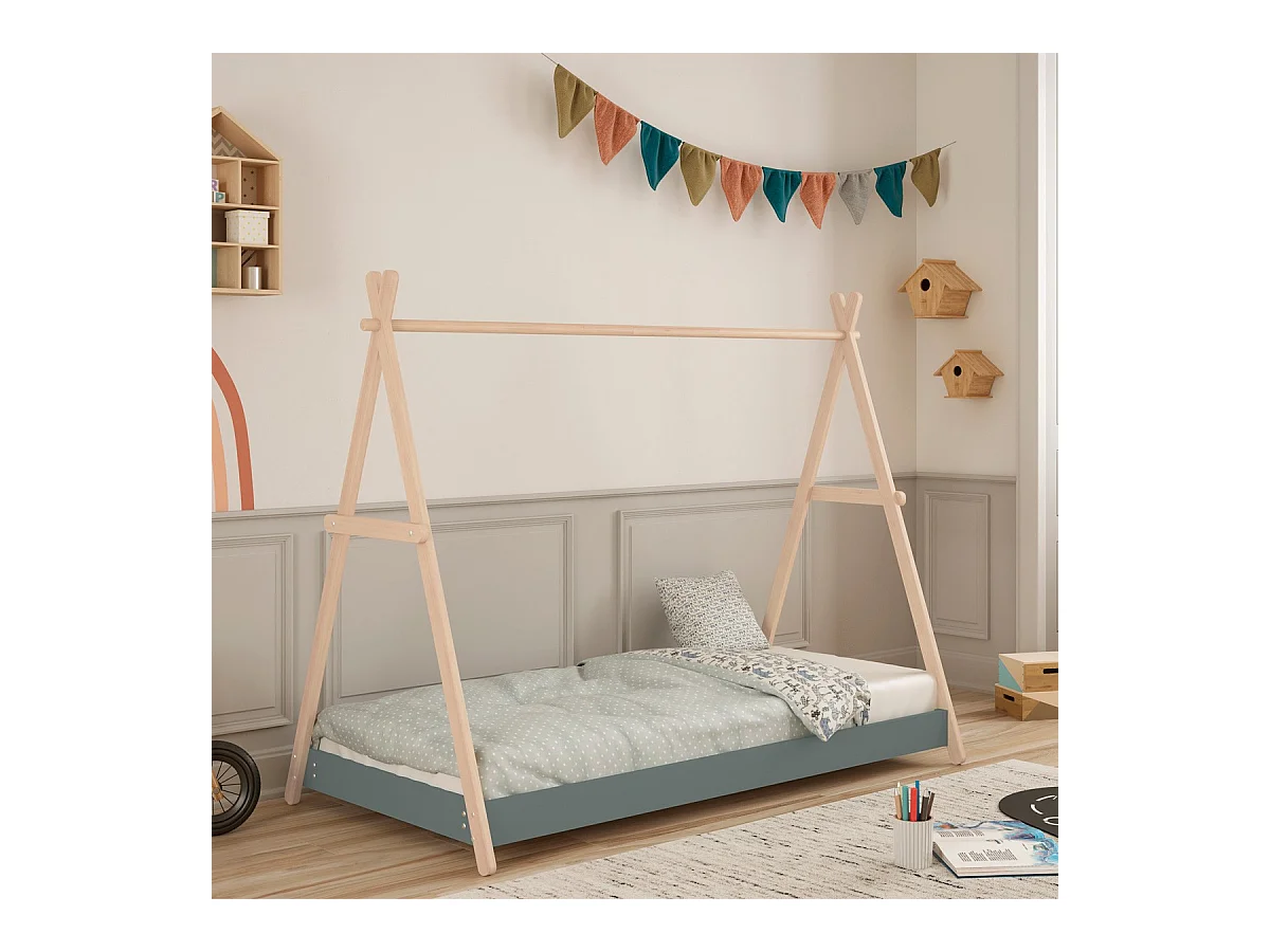 Lit tipi enfant ajustable 90x190 cm en bois clair/vert kaki - Annie