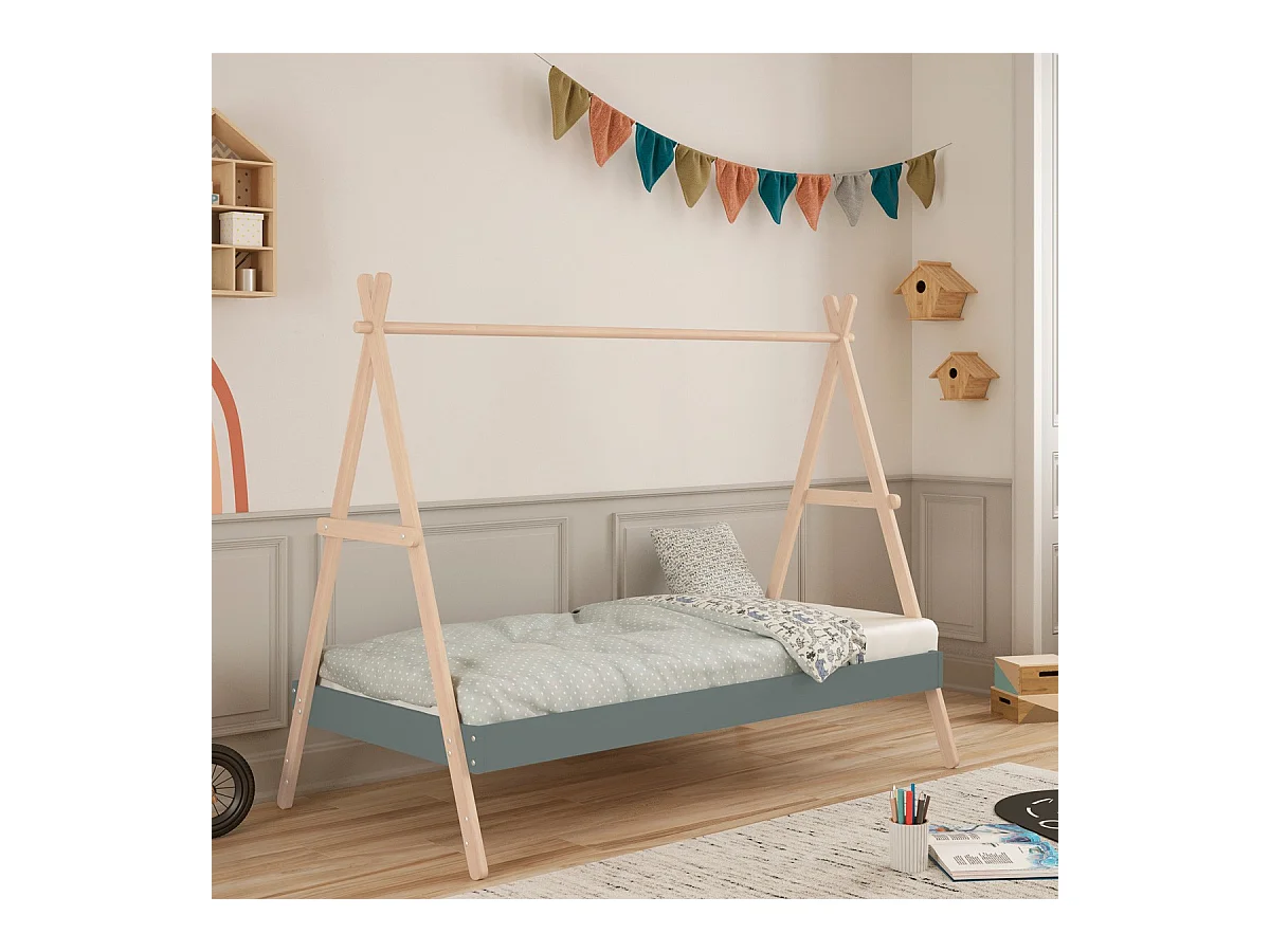 Lit tipi enfant ajustable 90x190 cm en bois clair/vert kaki - Annie