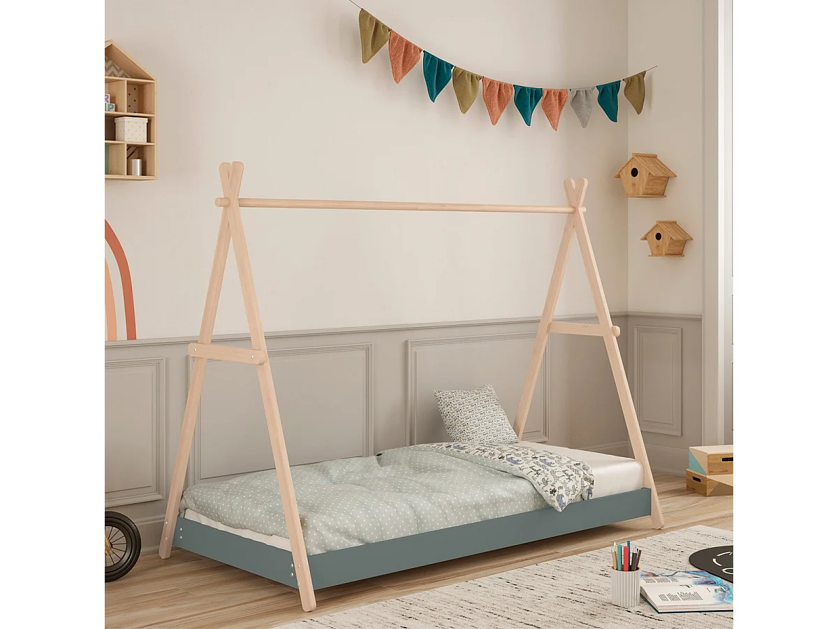 Lit tipi enfant ajustable 90x190 cm en bois clair/vert kaki - Annie
