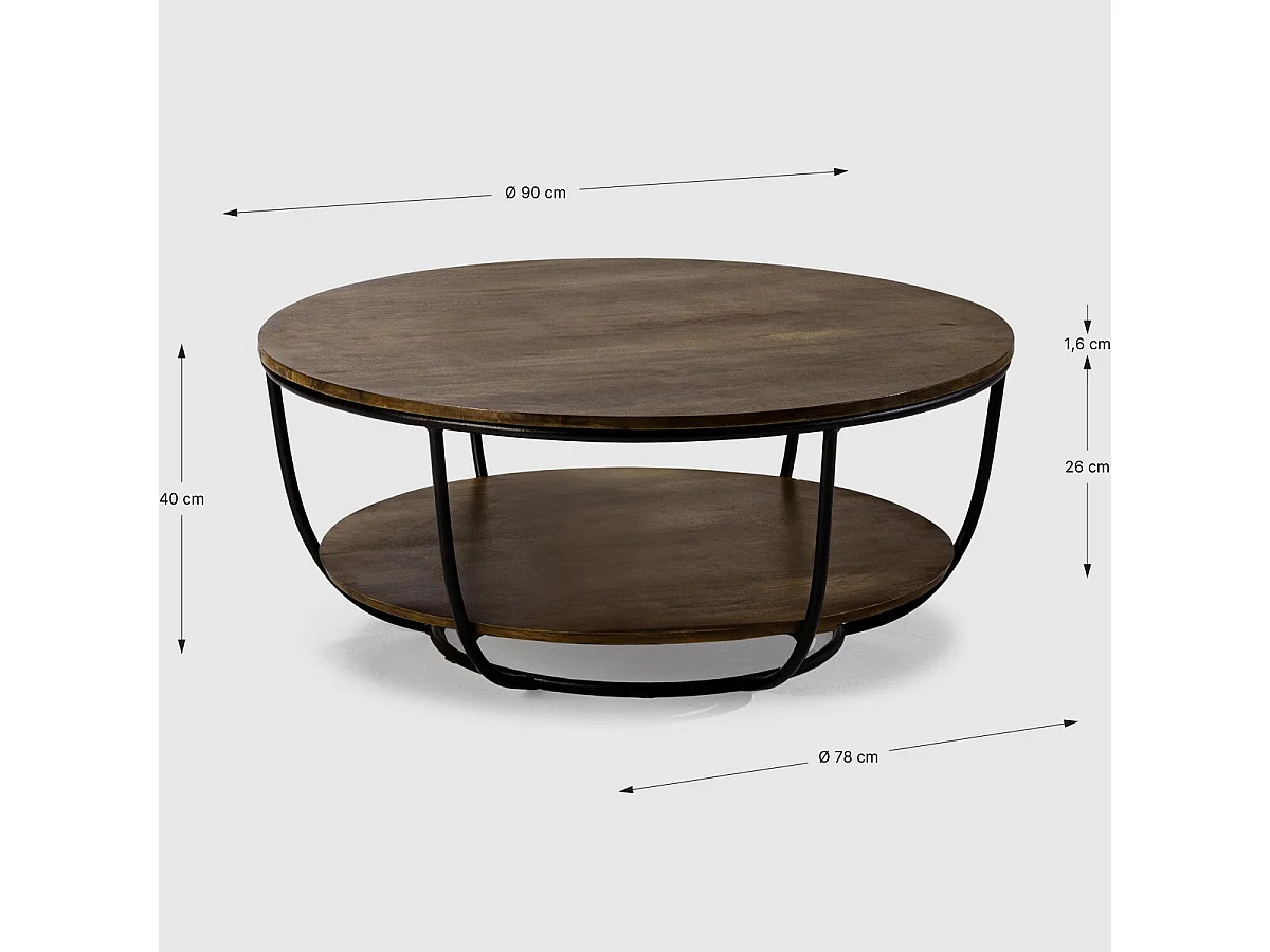 Table basse ronde en bois de manguier et métal 90cm - Pandora