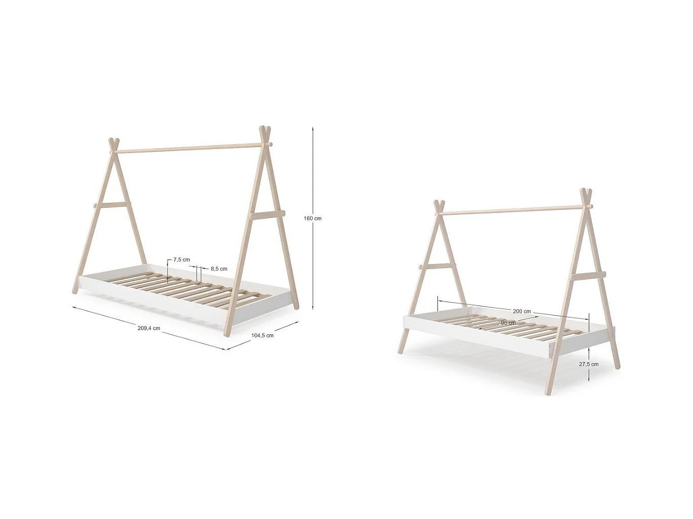 Lit tipi enfant ajustable 90x190 cm en bois clair /blanc - Annie