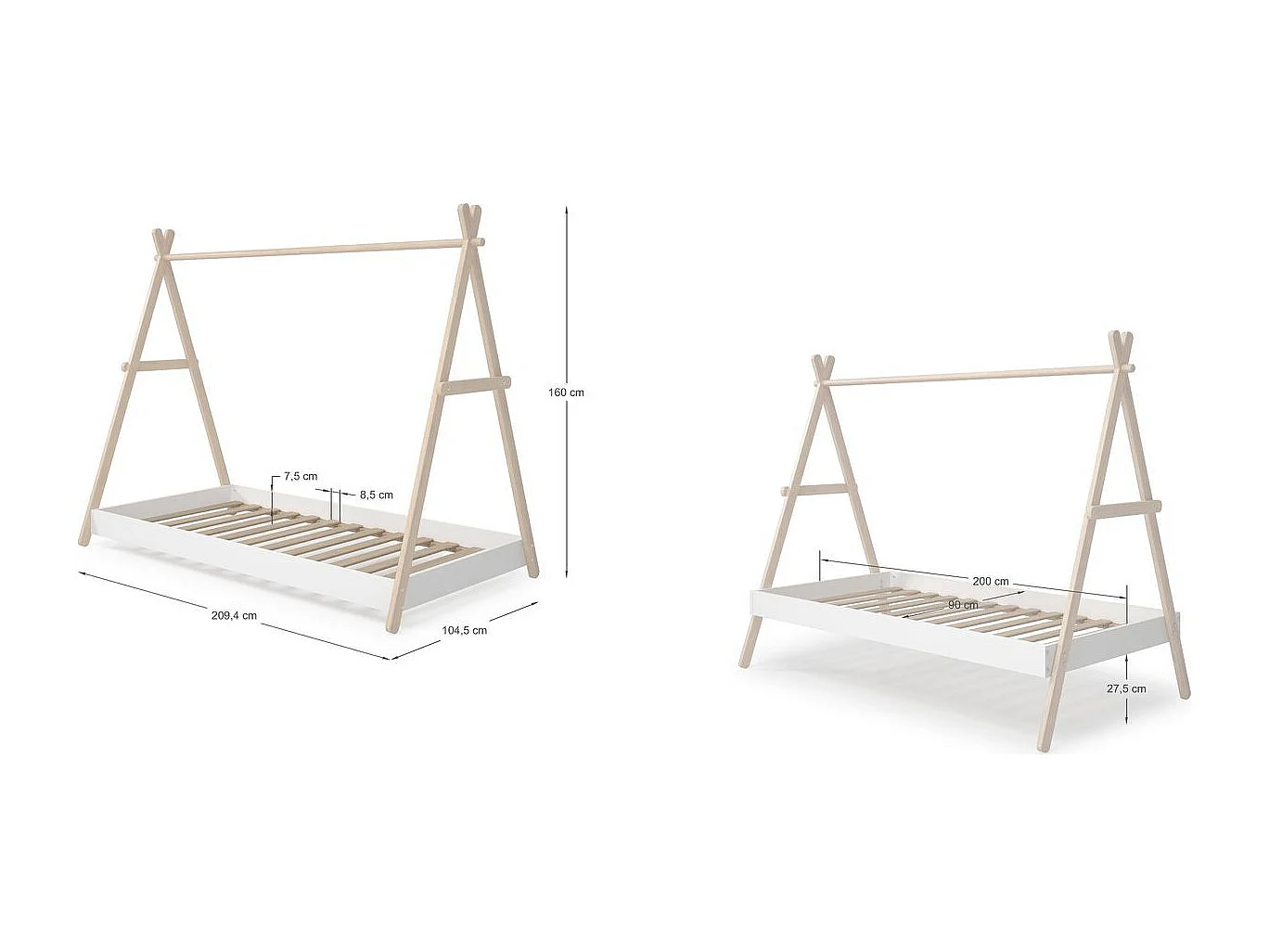 Lit tipi enfant ajustable 90x190 cm en bois clair /blanc - Annie