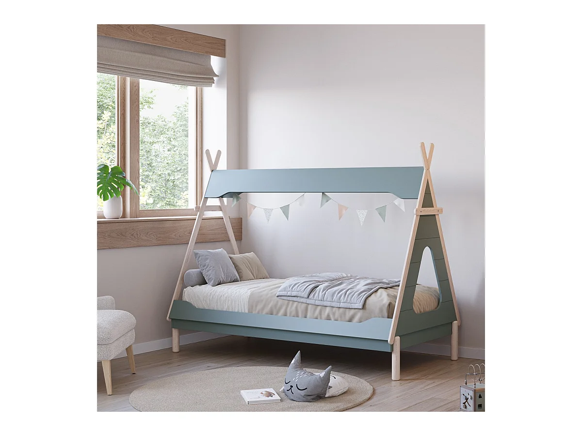 Lit tipi enfant 90x190 cm en bois vert kaki - Totem