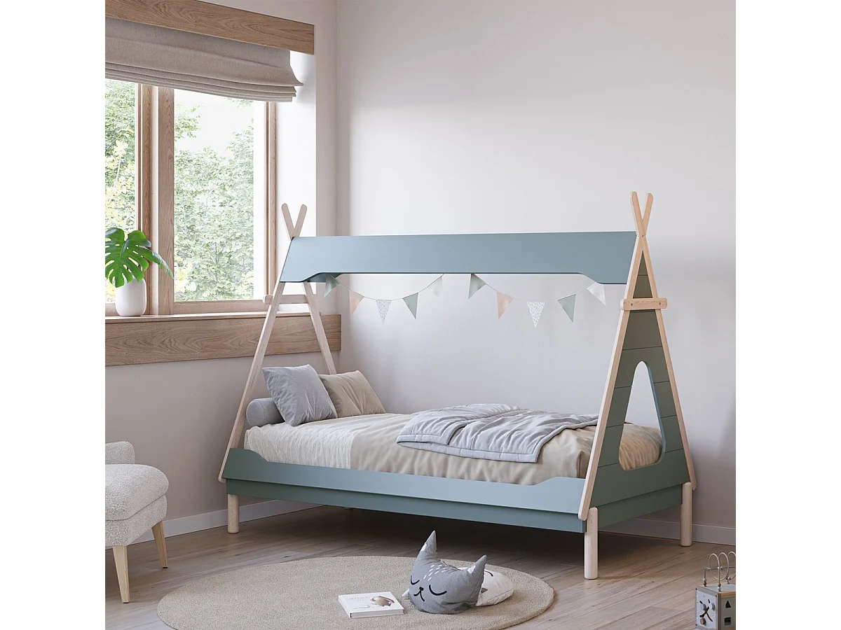 Lit tipi enfant 90x190 cm en bois vert kaki - Totem