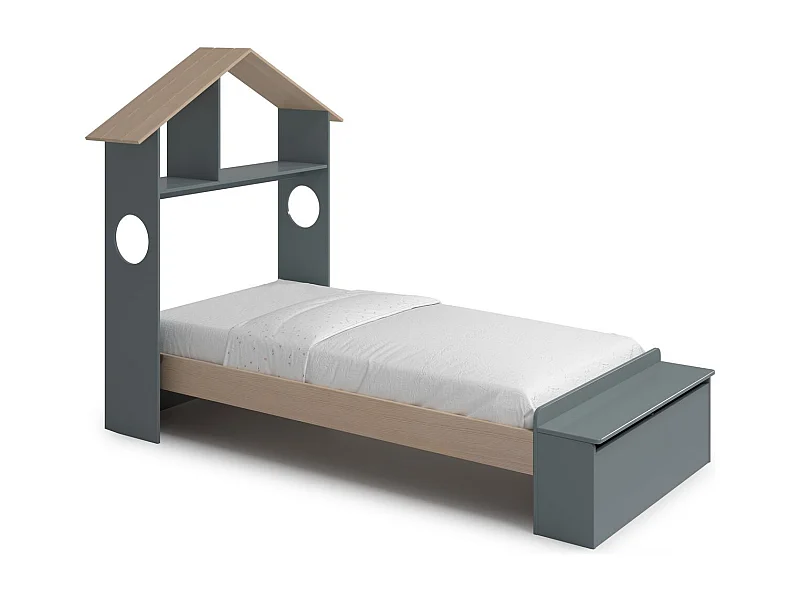 Lit enfant 90x190 cm en bois vert kaki avec tête de lit cabane et coffre de rangement - Anatole