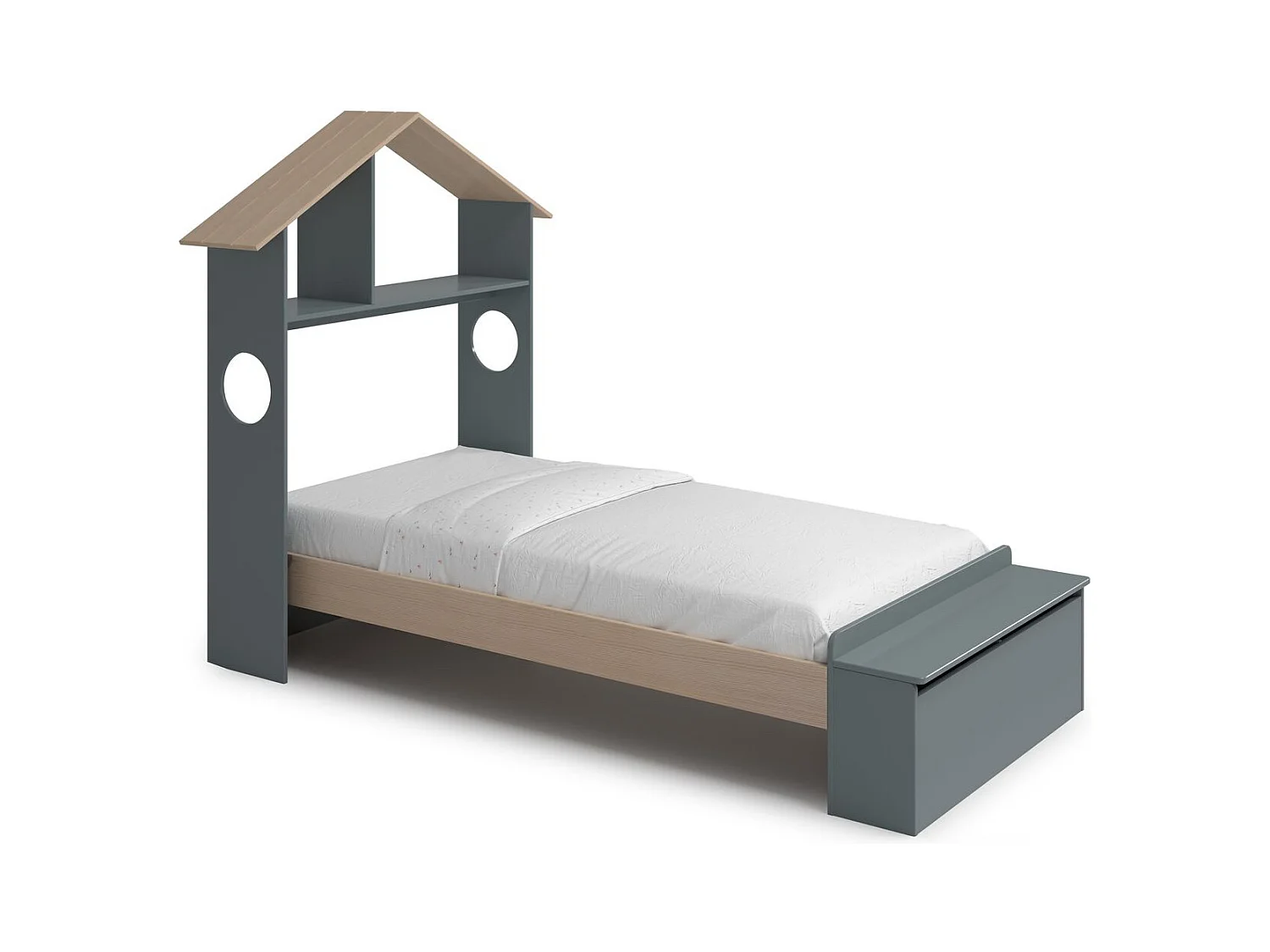 Lit enfant 90x190 cm en bois vert kaki avec tête de lit cabane et coffre de rangement - Anatole