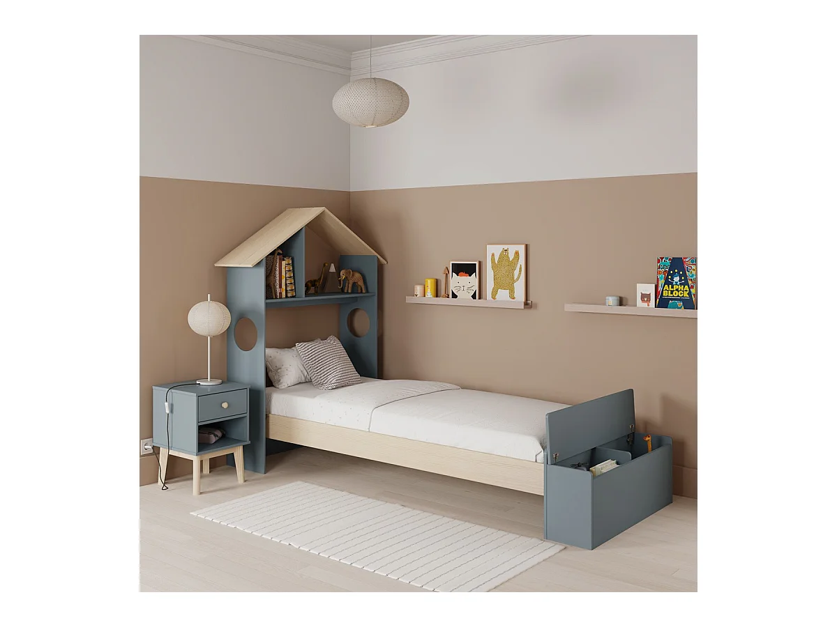 Lit enfant 90x190 cm en bois vert kaki avec tête de lit cabane et coffre de rangement - Anatole