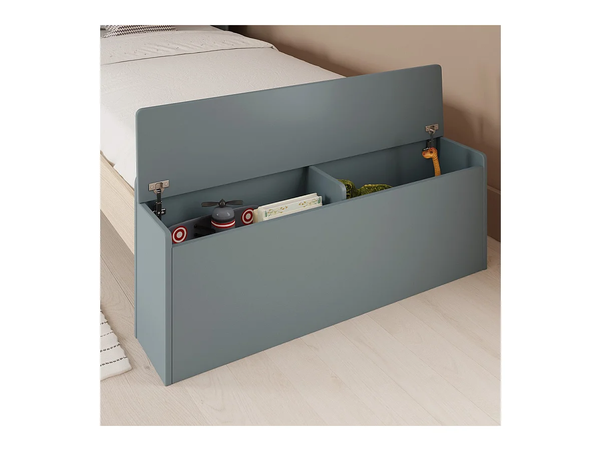 Lit enfant 90x190 cm en bois vert kaki avec tête de lit cabane et coffre de rangement - Anatole