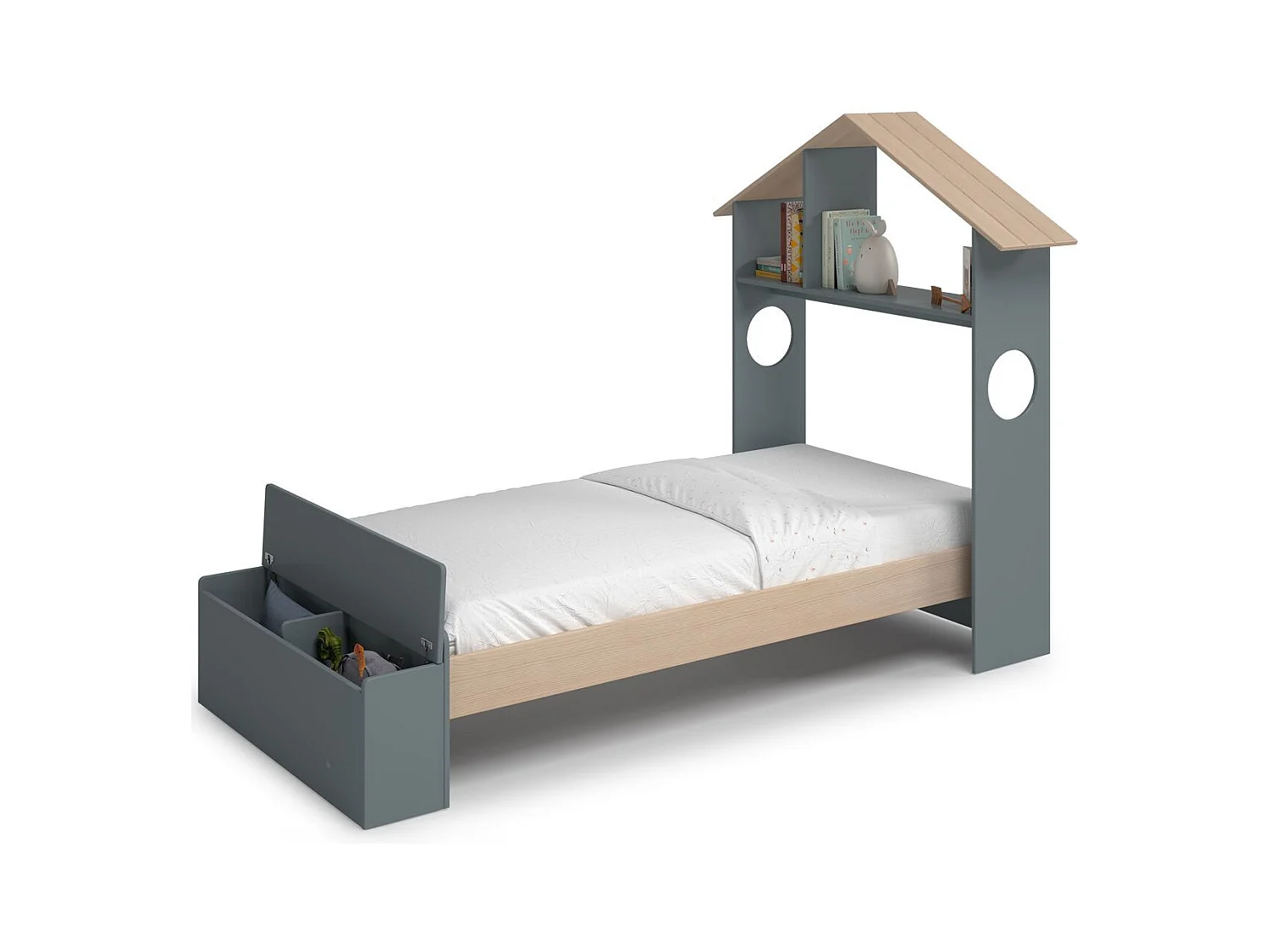 Lit enfant 90x190 cm en bois vert kaki avec tête de lit cabane et coffre de rangement - Anatole